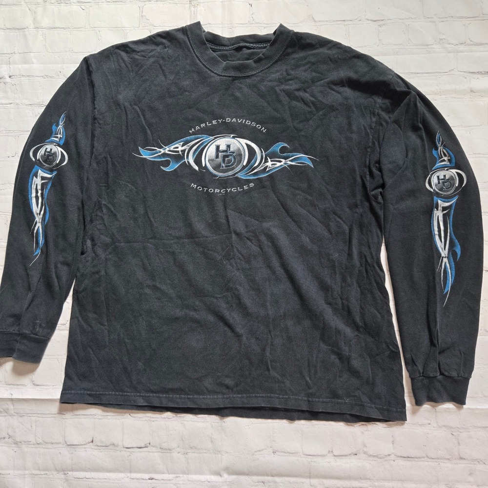 Vintage 2003 Harley Davidson blue tribal flame NC Long Sleeve Shirt Black L
